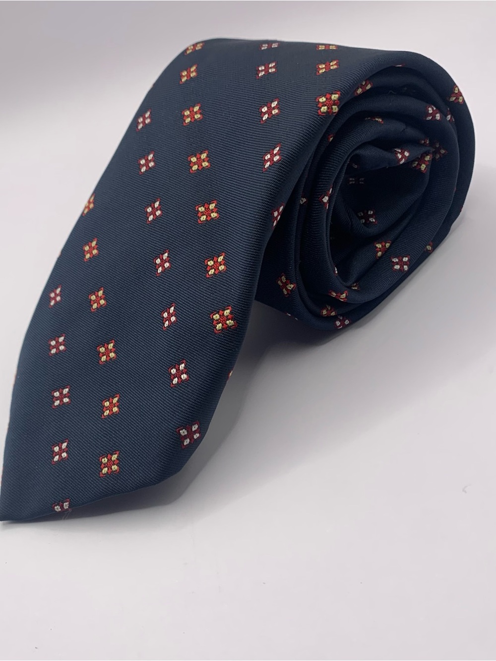 Wembley Navy Tie with Red and Gold Medallion Pattern business formal 0129